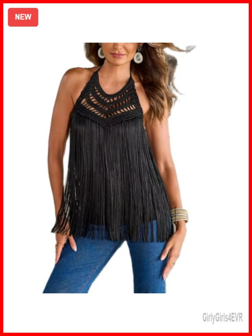 Women Cowgirl Fringe Tank Top Tassel Sleeveless Halter Cami Crop Top